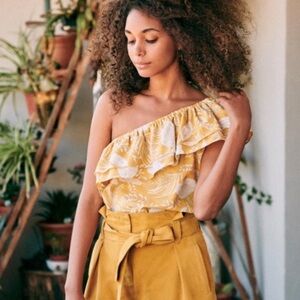 Sezane Linen Adeline One Shoulder Ruffle Top Blouse Yellow Size‎ 42 French US 10